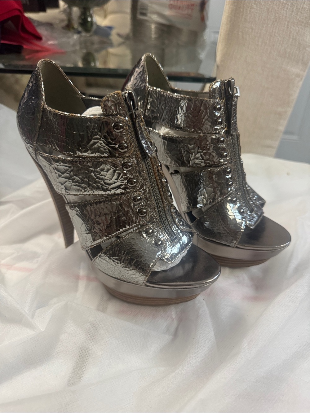 Jessica Simpson Metallic Silver Peep-Toe Stiletto Booties